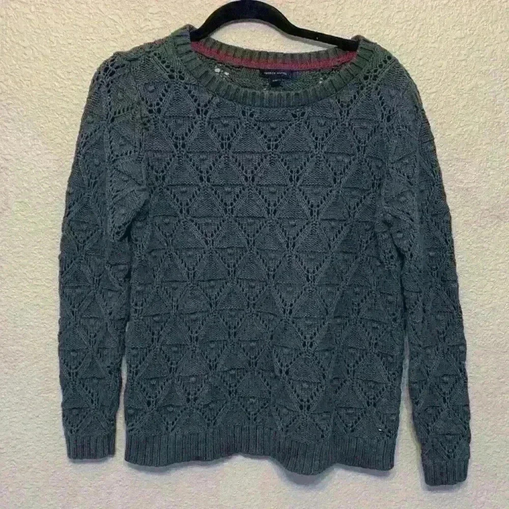 Tommy Hilfiger gray chunky sweater sz L open knit crew neck career comfy casual